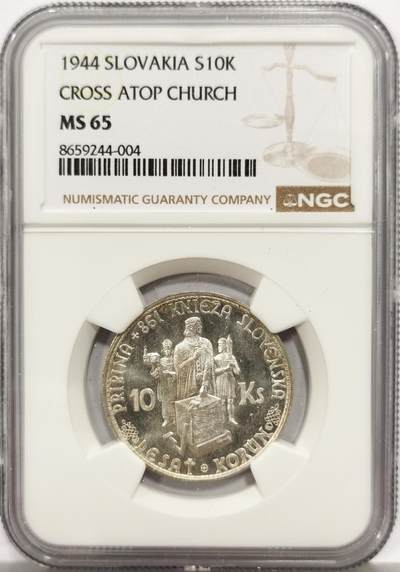 博洋堂世界钱币拍卖第167期（全场包邮） - NGC MS65 亚军分！斯洛伐克1944年10克朗银币，卷拆原光好品，近PL质感，状态很好，一步到位的品相。