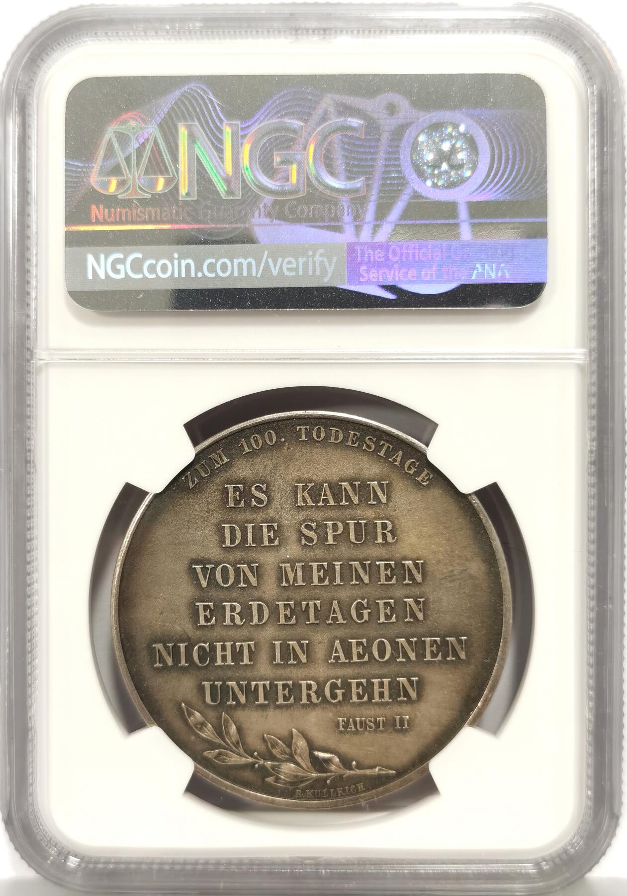 博洋堂“芳菲春韵”3月精品大拍专场暨第166期（全场包邮） NGC MS64 德国1932年纪念文学巨匠歌德逝世100周年，高浮雕大银章，经典的淡咖啡包浆，加厚评级盒装！