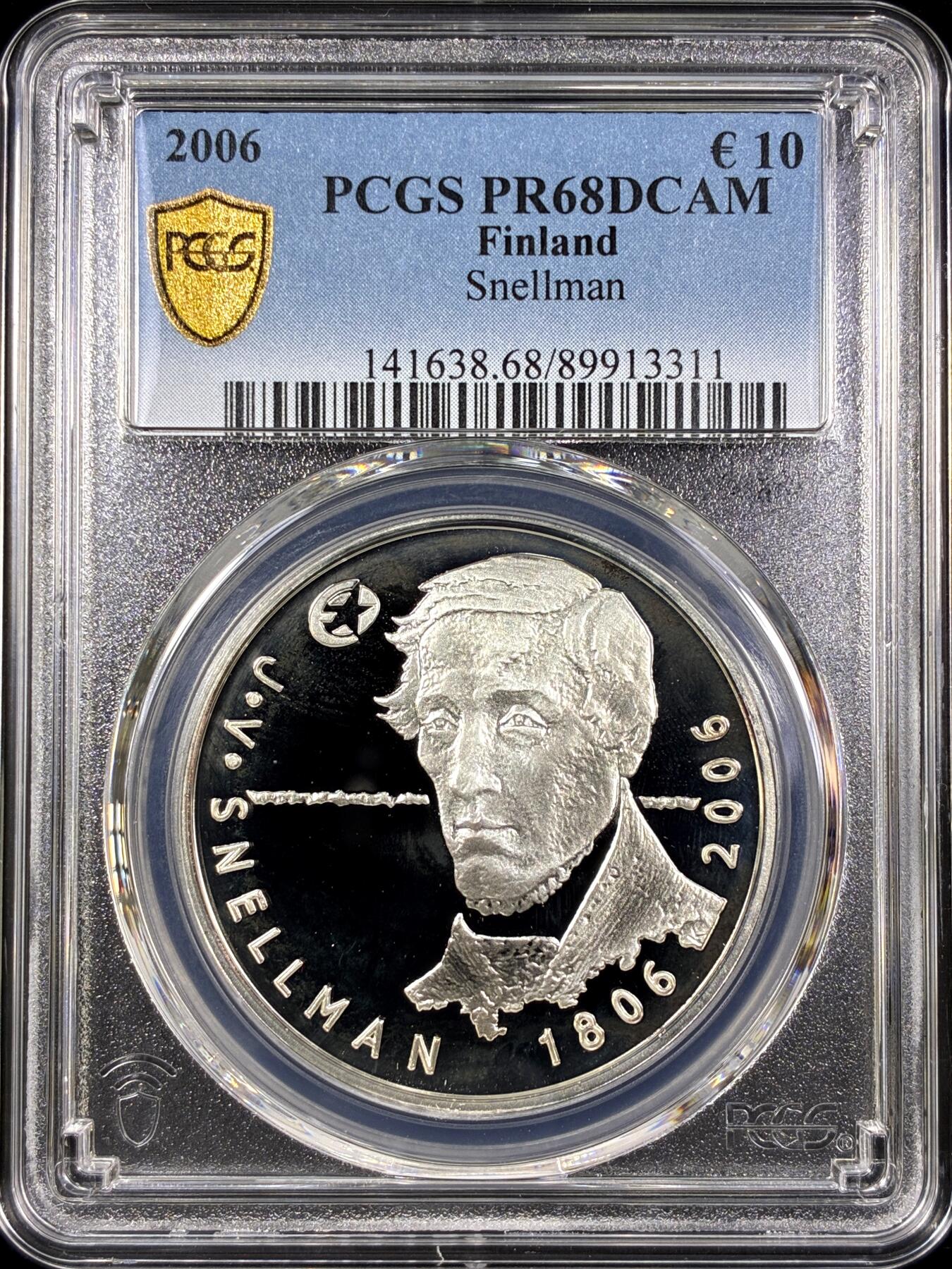 【雨安】【直播拍卖】【第0130期-评级币章】2026-03-28 周六 19:30 (金价981.33, 银价17.11) [评级欧元] Finland 欧元 芬兰 10欧元 2006年 斯内尔曼 PCGS-PR68DCAM 精制币