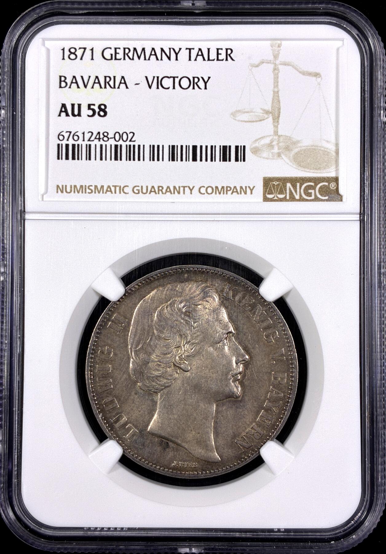 【雨安】【直播拍卖】【第0130期-评级币章】2026-03-28 周六 19:30 (金价981.33, 银价17.11) [评级德国] Germany 德国 德意志 1泰勒 Bavaria巴伐利亚 Thun.107 KM#0889 (1871) 普法战争 1871年  NGC-AU58 均匀淡美包浆