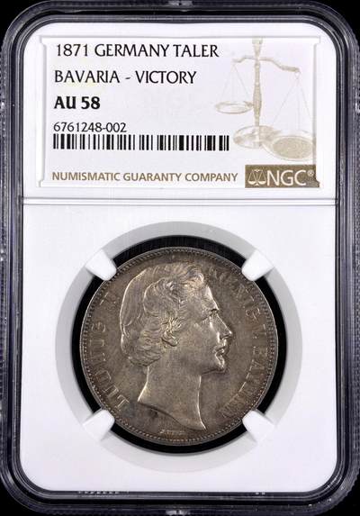 【雨安】【直播拍卖】【第0130期-评级币章】2026-03-28 周六 19:30 (金价981.33, 银价17.11) - [评级德国] Germany 德国 德意志 1泰勒 Bavaria巴伐利亚 Thun.107 KM#0889 (1871) 普法战争 1871年  NGC-AU58 均匀淡美包浆