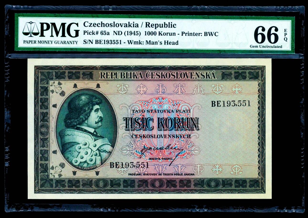 【Blue Auction】世界纸币精拍第799期——18级TOP拍卖/信誉/品质/专业/高效💫 【实钞】捷斯 1945年1000克朗 PMG66EPQ BWC出品 