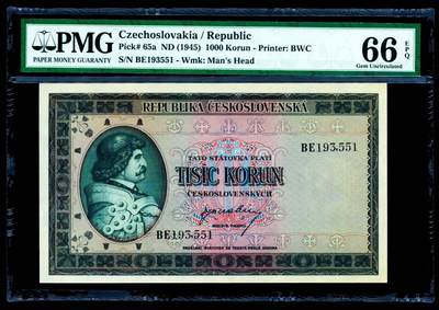 【Blue Auction】世界纸币精拍第799期——18级TOP拍卖/信誉/品质/专业/高效💫 - 【实钞】捷斯 1945年1000克朗 PMG66EPQ BWC出品 