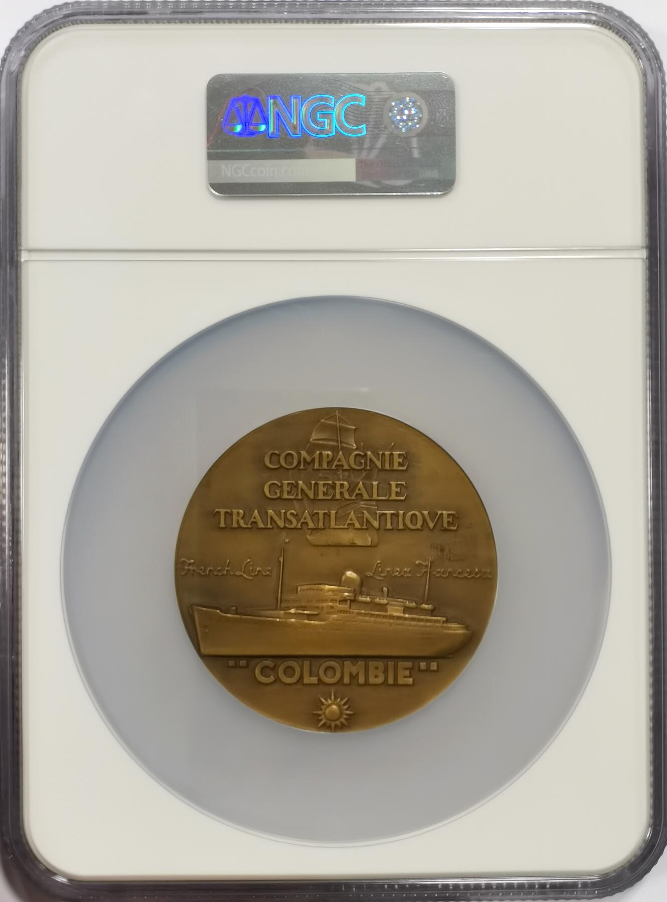 博洋堂“芳菲春韵”3月精品大拍专场暨第166期（全场包邮） NGC MS64BN 法国“哥伦比亚号”邮轮纪念大铜章，属于法属西印度邮船公司，59mm