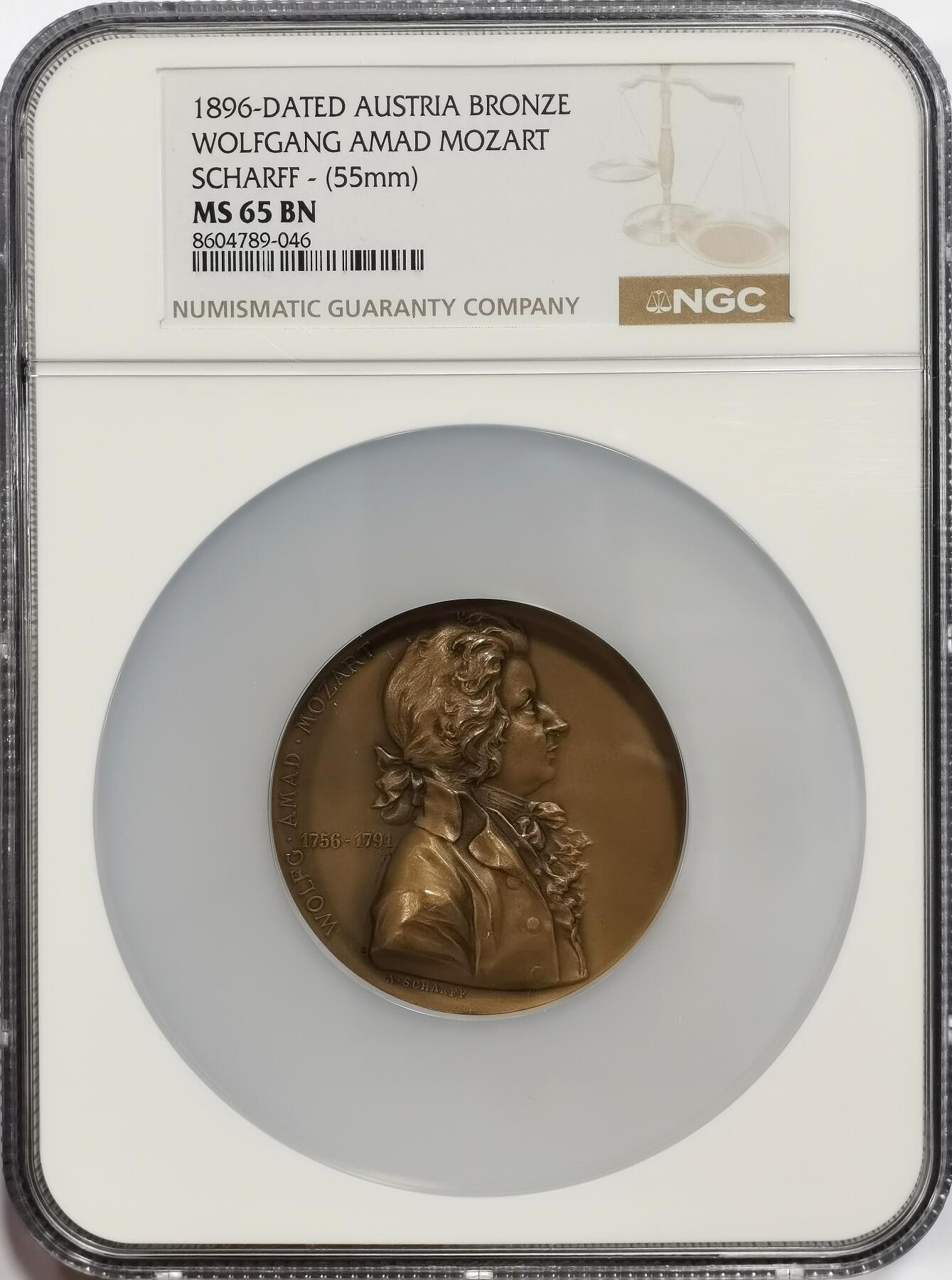 博洋堂“芳菲春韵”3月精品大拍专场暨第166期（全场包邮） NGC MS65BN 奥地利1896年莫扎特纪念大铜章，沙夫作品，55mm，纪念1896年维也纳莫扎特纪念碑揭幕仪式