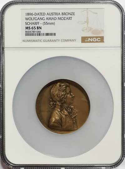 博洋堂“芳菲春韵”3月精品大拍专场暨第166期（全场包邮） - NGC MS65BN 奥地利1896年莫扎特纪念大铜章，沙夫作品，55mm，纪念1896年维也纳莫扎特纪念碑揭幕仪式