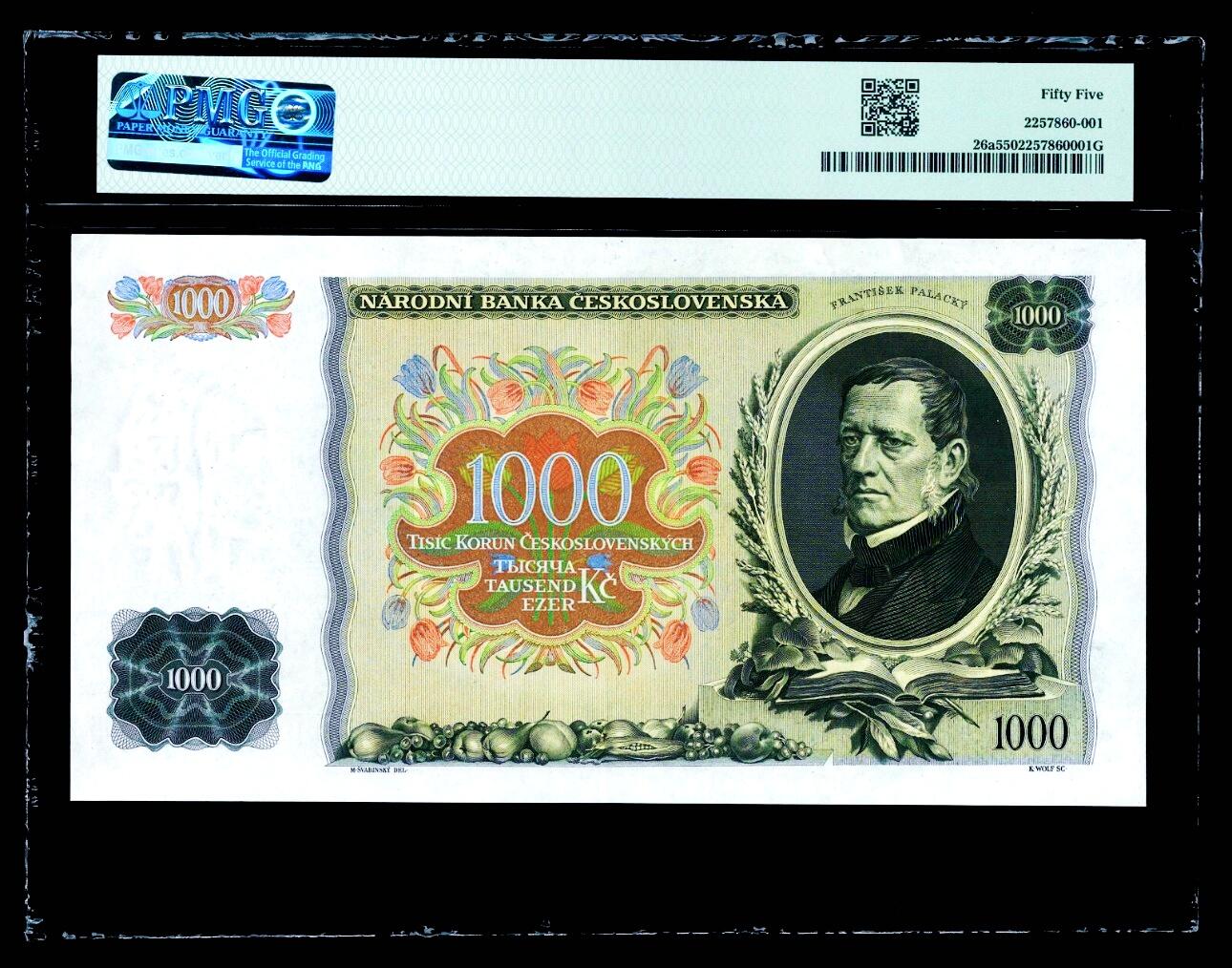 【Blue Auction】世界纸币精拍第799期——18级TOP拍卖/信誉/品质/专业/高效💫 【999豹子号 实钞】捷斯 1934年1000克朗 超大票幅 精美的雕刻给人带来视觉的享受 PMG55 状态佳