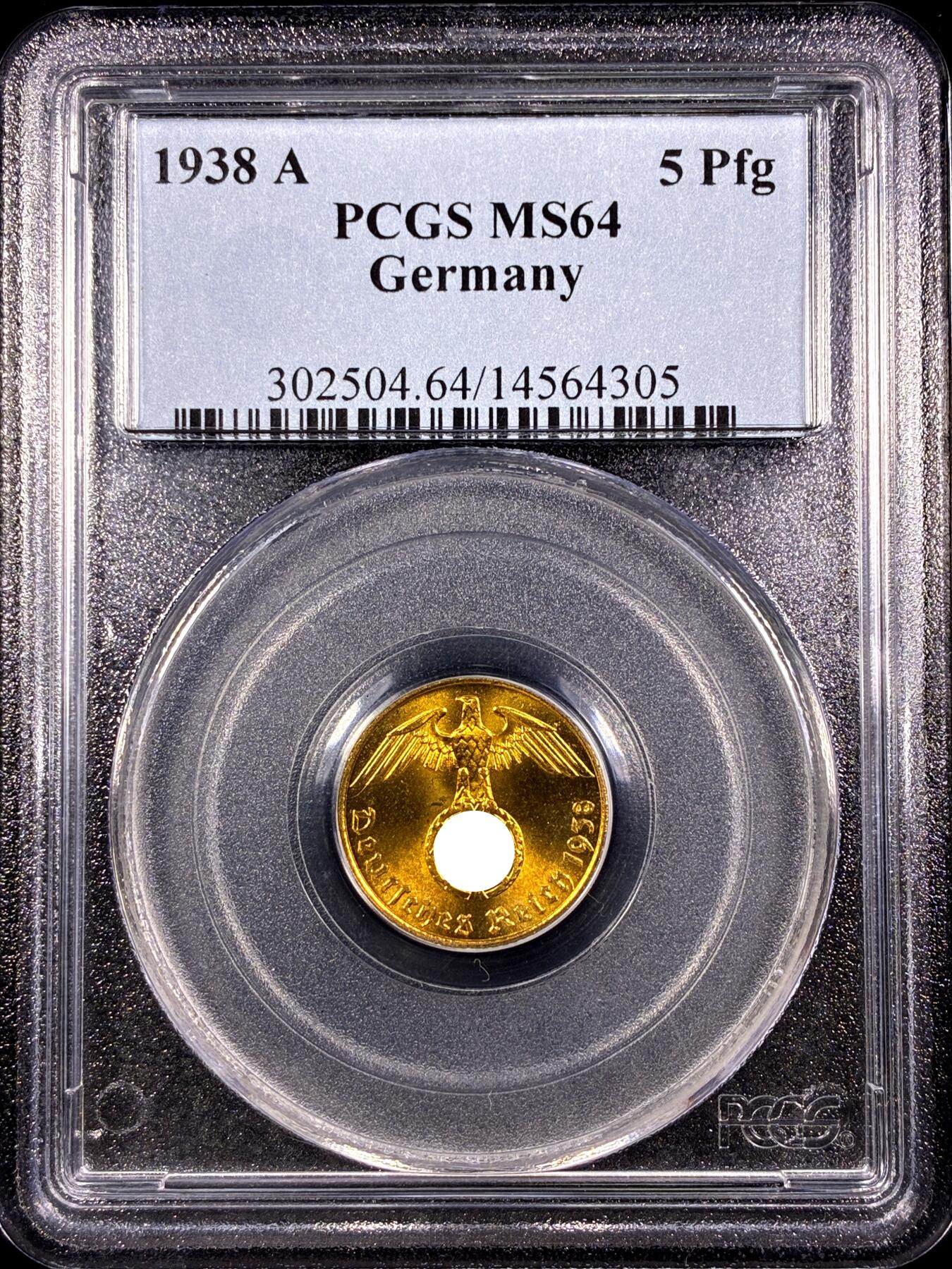 【雨安】【直播拍卖】【第0130期-评级币章】2026-03-28 周六 19:30 (金价981.33, 银价17.11) [评级德国] Germany 德国 第三帝国 5芬尼 1938年  PCGS-MS64