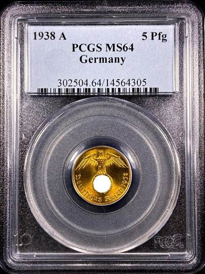 【雨安】【直播拍卖】【第0130期-评级币章】2026-03-28 周六 19:30 (金价981.33, 银价17.11) - [评级德国] Germany 德国 第三帝国 5芬尼 1938年  PCGS-MS64