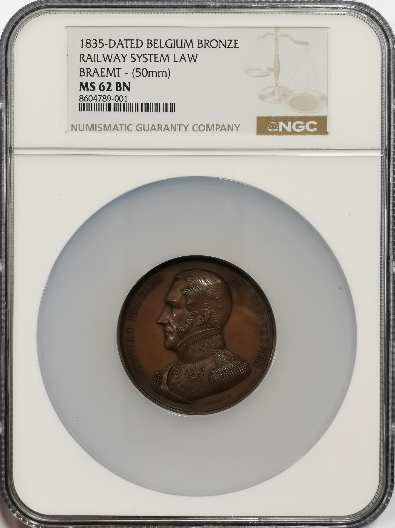 博洋堂“芳菲春韵”3月精品大拍专场暨第166期（全场包邮） NGC MS62BN 比利时1835年《铁路系统法》颁布及首条铁路开通纪念大铜章，50mm