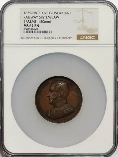 博洋堂“芳菲春韵”3月精品大拍专场暨第166期（全场包邮） - NGC MS62BN 比利时1835年《铁路系统法》颁布及首条铁路开通纪念大铜章，50mm