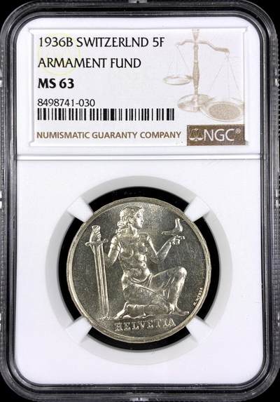 【雨安】【直播拍卖】【第0130期-评级币章】2026-03-28 周六 19:30 (金价981.33, 银价17.11) - [评级欧洲] Switzerland 瑞士 5法郎 1936年 军备基金 KM# 41  NGC-MS63