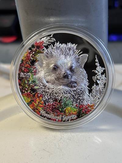 第195期拍卖 - 蒙古2021年森林精灵系列4豪猪1盎司纪念银币，999银，发行1500枚