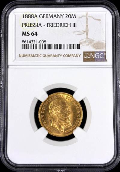 【雨安】【直播拍卖】【第0130期-评级币章】2026-03-28 周六 19:30 (金价981.33, 银价17.11) - [评级金铂] Germany [金币] 德国 帝国 J.248 Prussia普鲁士 20马克 (1888) 三皇 1888年  NGC-MS64