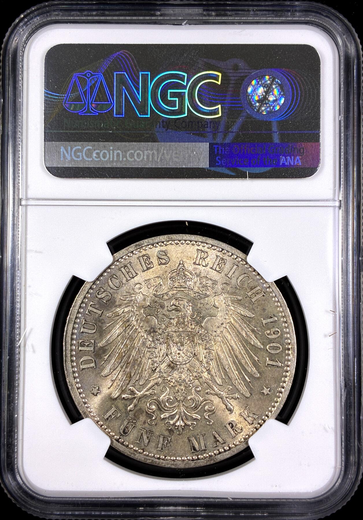 【雨安】【直播拍卖】【第0130期-评级币章】2026-03-28 周六 19:30 (金价981.33, 银价17.11) [评级德国] Germany 德国 帝国 J.106 普鲁士 5马克 (1901) 建国 1901年  NGC-MS62