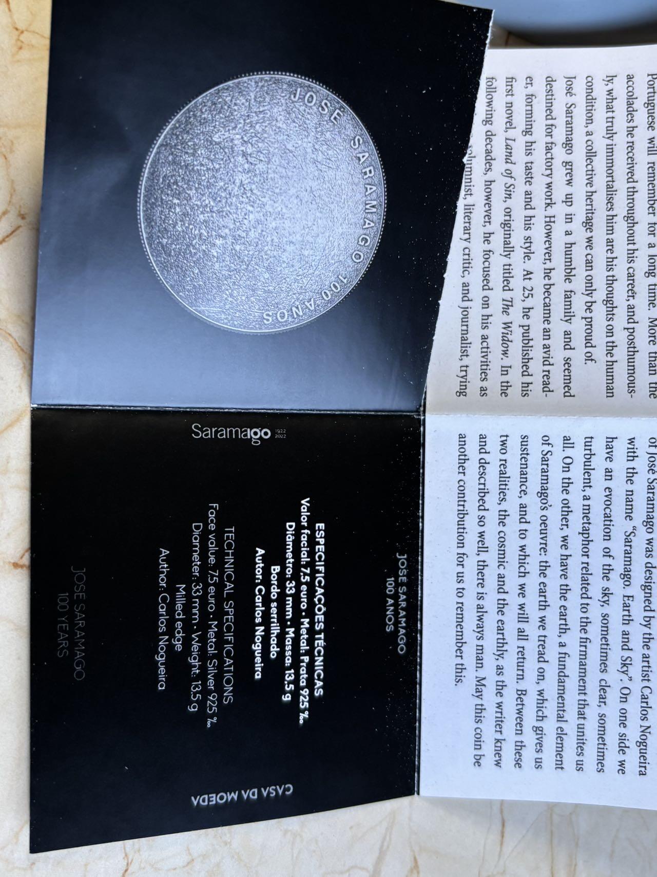 第195期拍卖 葡萄牙2022年何塞·萨拉马戈诞生百年精制纪念银币13.5克，925银，发行30000枚