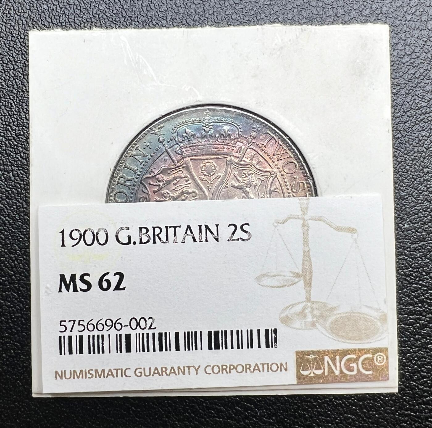 1900 年英国维多利亚 2 先令弗罗林银币 NGC MS62 原光五彩包浆 西洋老银元