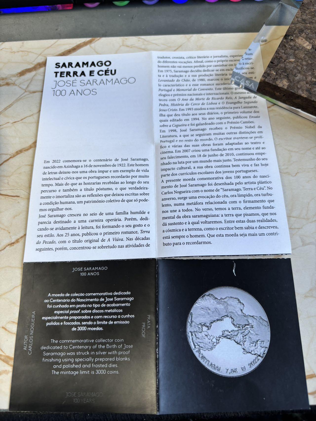 第195期拍卖 葡萄牙2022年何塞·萨拉马戈诞生百年精制纪念银币13.5克，925银，发行30000枚