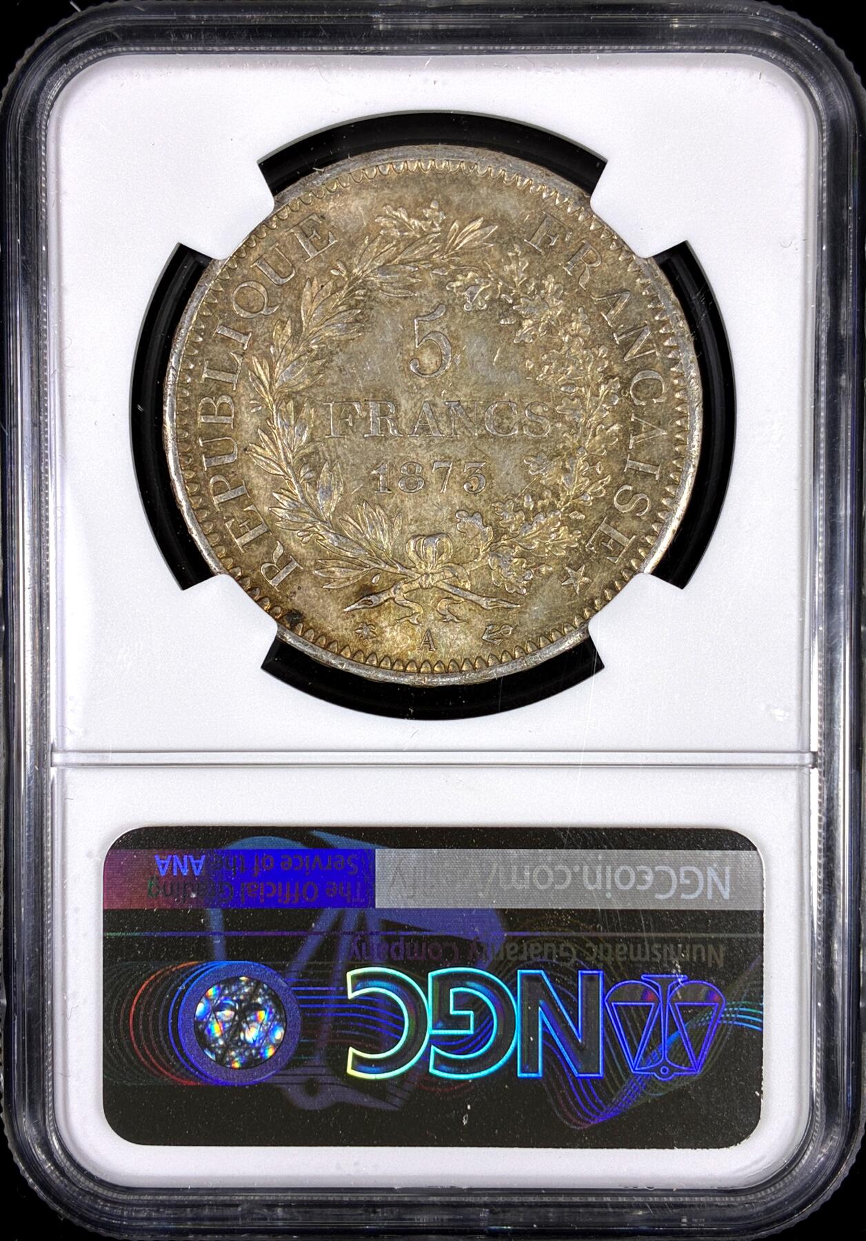 【雨安】【直播拍卖】【第0130期-评级币章】2026-03-28 周六 19:30 (金价981.33, 银价17.11) [评级法国] France 法国 5法郎 KM#0820 (1870-1889) 大力神 1873年  NGC-MS63