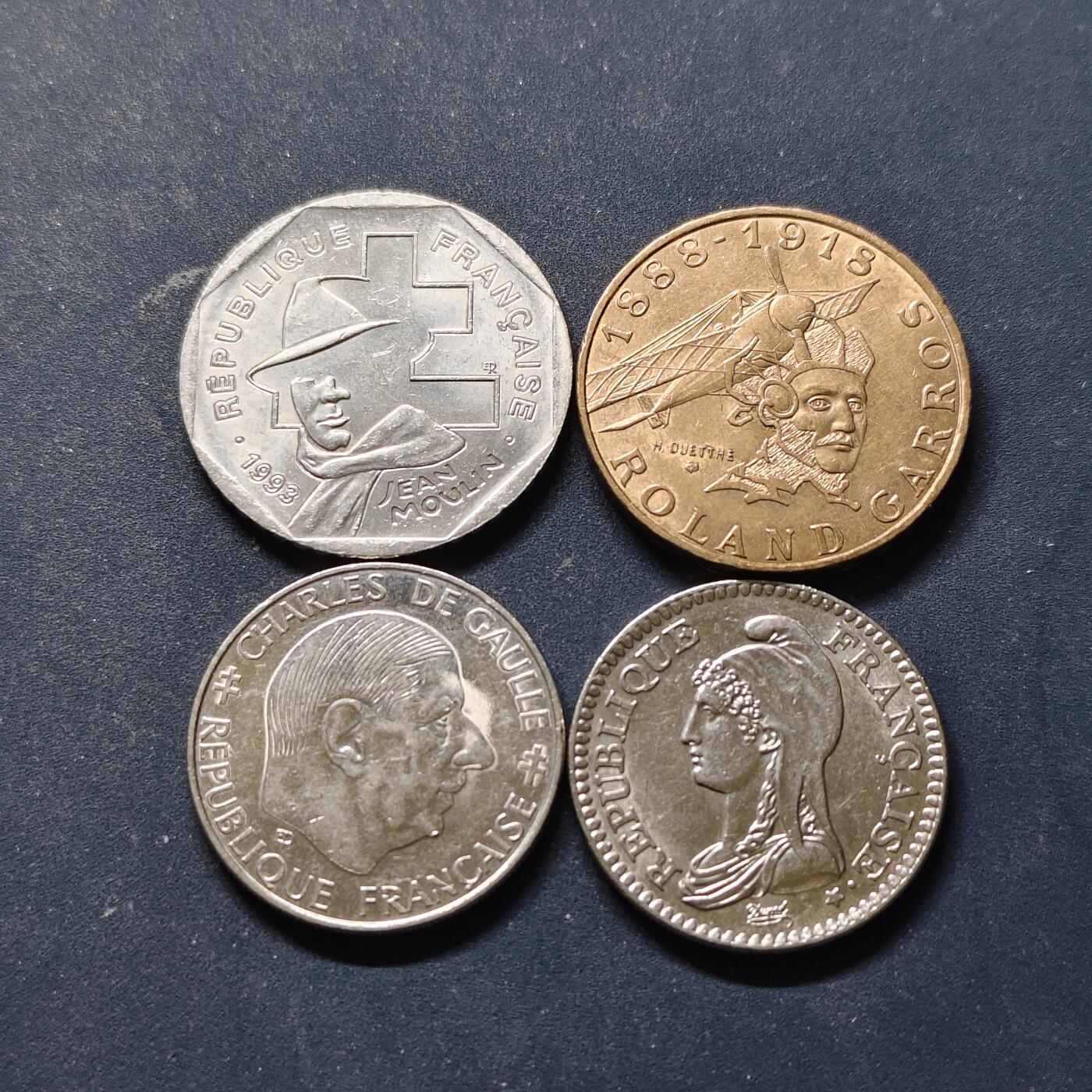 【全场包邮】纯粹捡漏拍514场 法国各年份纪念币4枚一组-让·穆兰+罗兰·加洛斯+30周年+200周年