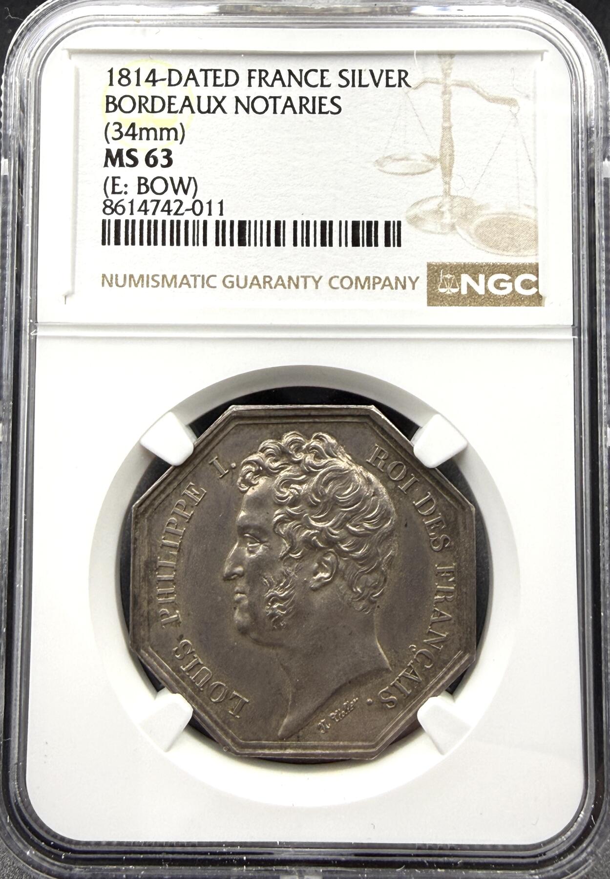 「木头集藏」“春启藏心”——章牌精品专场 法国波尔多公证人工会八角银章，MS 63，直径：34 mm，正面拉丁语：LEX EST QUODCUMQUE NOTAMUS，译为“我们所记录的，即是法律”，背面：吉伦特省波尔多区公证人协会，品相不错。