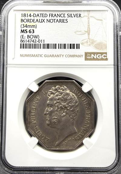 「木头集藏」“春启藏心”——章牌精品专场 - 法国波尔多公证人工会八角银章，MS 63，直径：34 mm，正面拉丁语：LEX EST QUODCUMQUE NOTAMUS，译为“我们所记录的，即是法律”，背面：吉伦特省波尔多区公证人协会，品相不错。