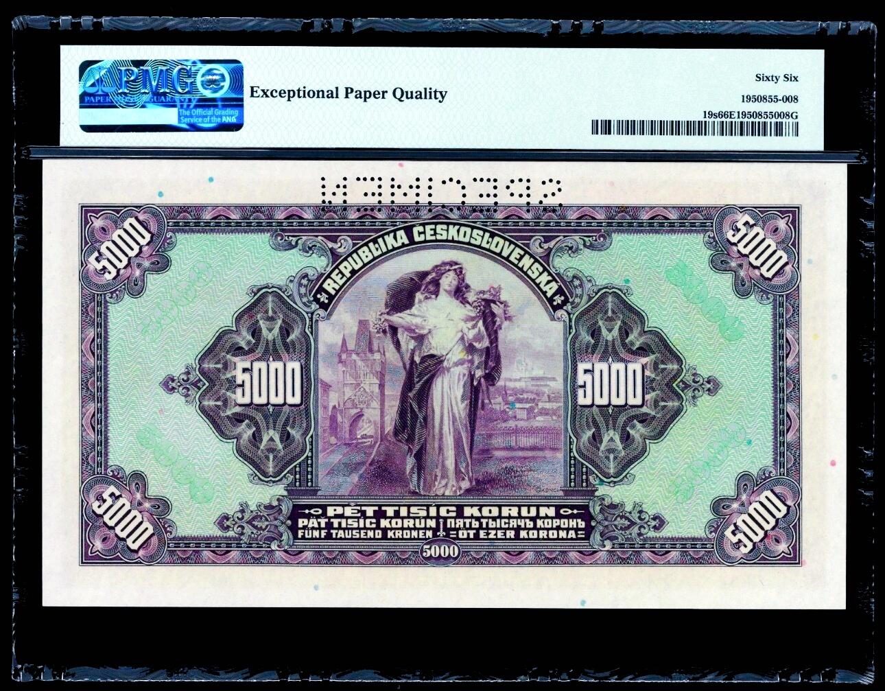 【Blue Auction】世界纸币精拍第799期——18级TOP拍卖/信誉/品质/专业/高效💫 【样钞】捷斯 1920年5000克朗 ABNC出品 大票幅 雕刻精美 PMG66EPQ 