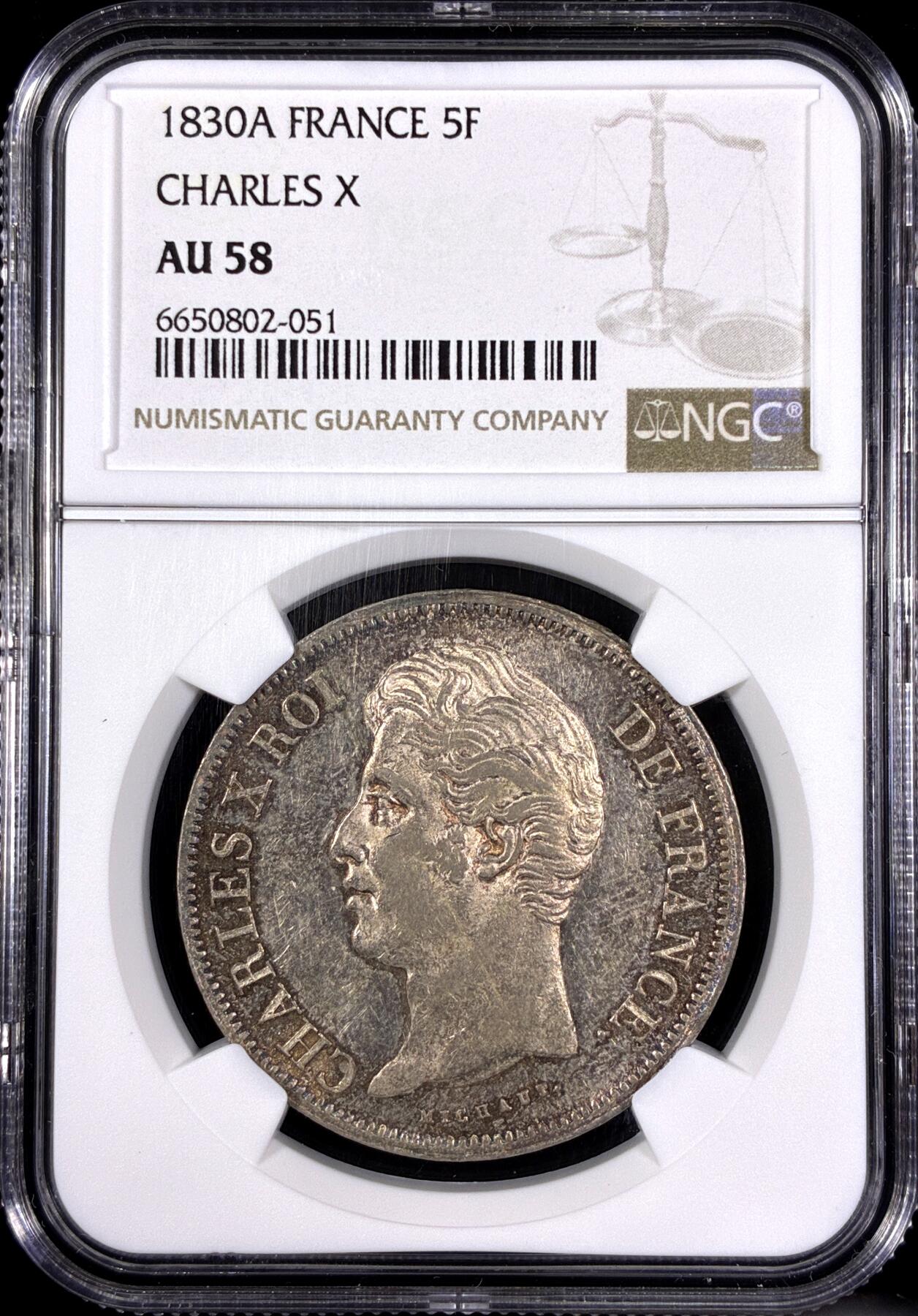 【雨安】【直播拍卖】【第0130期-评级币章】2026-03-28 周六 19:30 (金价981.33, 银价17.11) [评级法国] France 法国 5法郎 KM#0728 (1827-1830) 查理十世 1830年  NGC-AU58 光度极好, 严评, 有MS的感觉