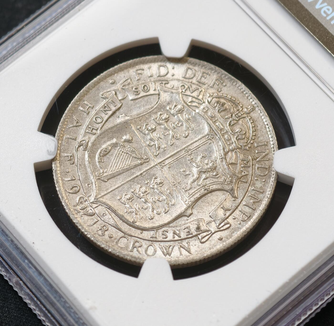 甄臻铺-世界币章拍卖（第56期），送拍享返佣金等优惠多多 NGC-MS62 1918年英国乔治五世半克朗，灰色包浆遮盖底板转光，低评