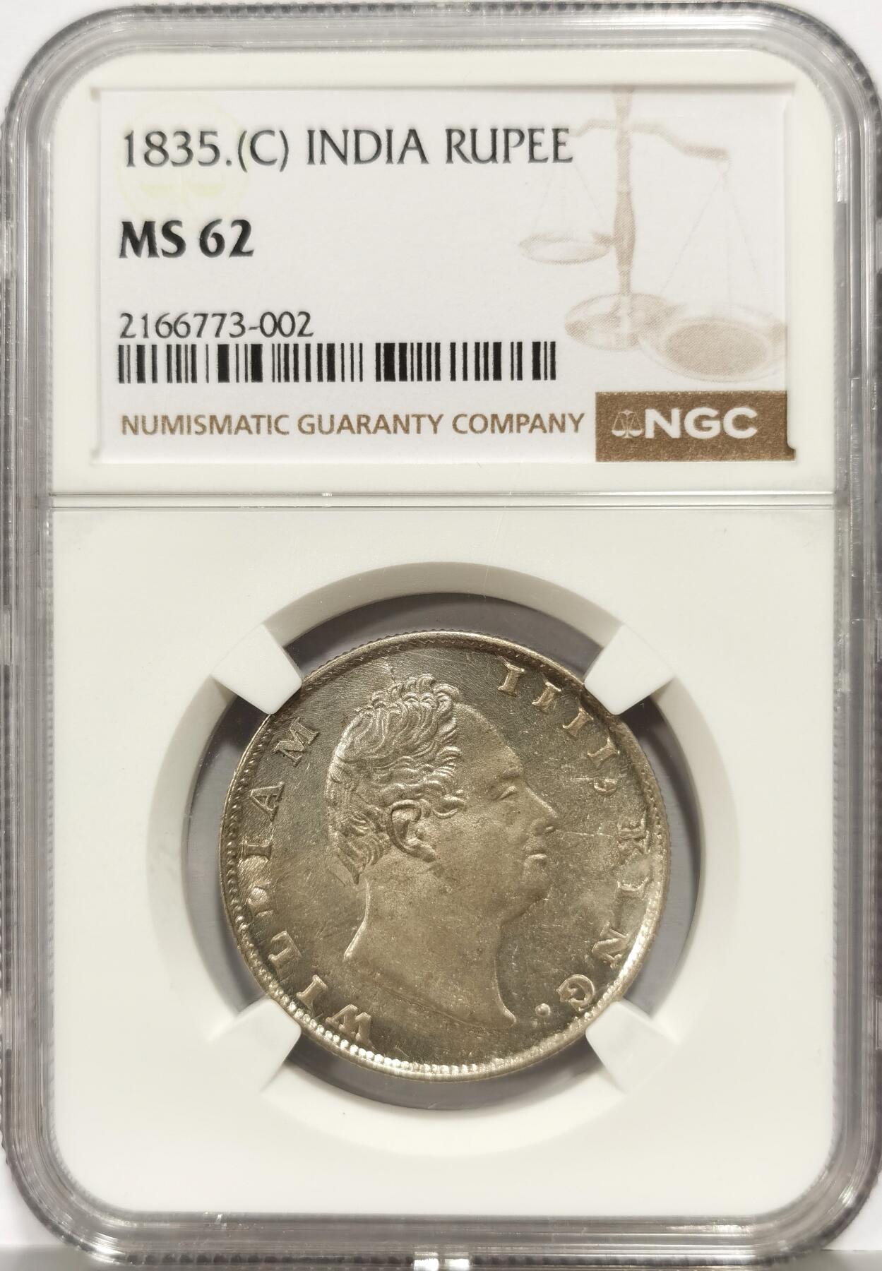 博洋堂“芳菲春韵”3月精品大拍专场暨第166期（全场包邮） NGC MS62 英属印度1835年C版威廉四世1卢比银币，英属印度收藏绕不开的龙头品种，这枚原味包浆，两面机铸痕明显，打制非常好，高分好品威四卢比数量相对较少，更高分不足40枚，不断上涨品种，值得收藏。