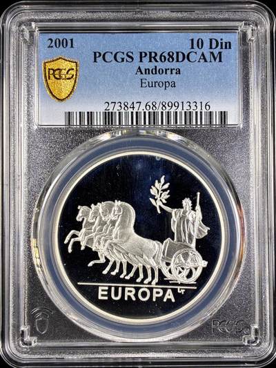 【雨安】【直播拍卖】【第0130期-评级币章】2026-03-28 周六 19:30 (金价981.33, 银价17.11) - [评级现代] Andorra 安道尔 10第纳尔 2001年 欧罗巴 PCGS-PR68DCAM 精制币