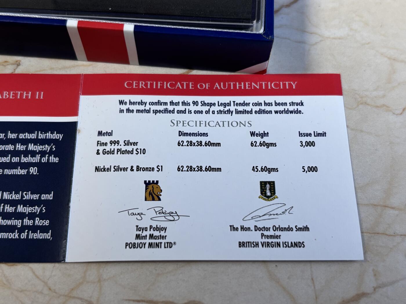 第195期拍卖 维尔京2016年英女王90大寿90数字形镀金2盎司银币，999银，发行3000枚