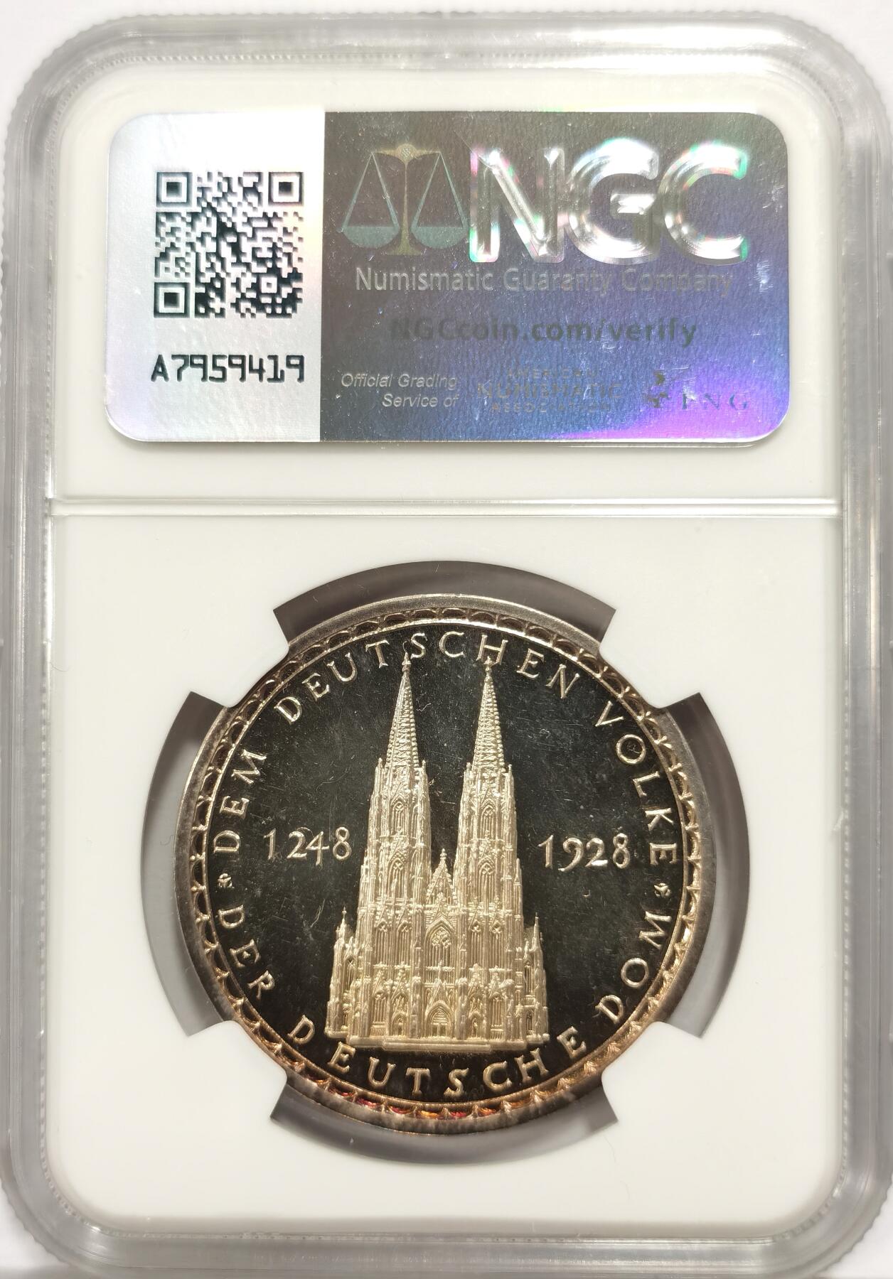 博洋堂“芳菲春韵”3月精品大拍专场暨第166期（全场包邮） NGC MS65DPL 德国1928年纪念科隆大教堂建成680周年大银章，“DPL”标签，Deep Prooflike！深度类精制，镜面效果更加深邃，反射性更强