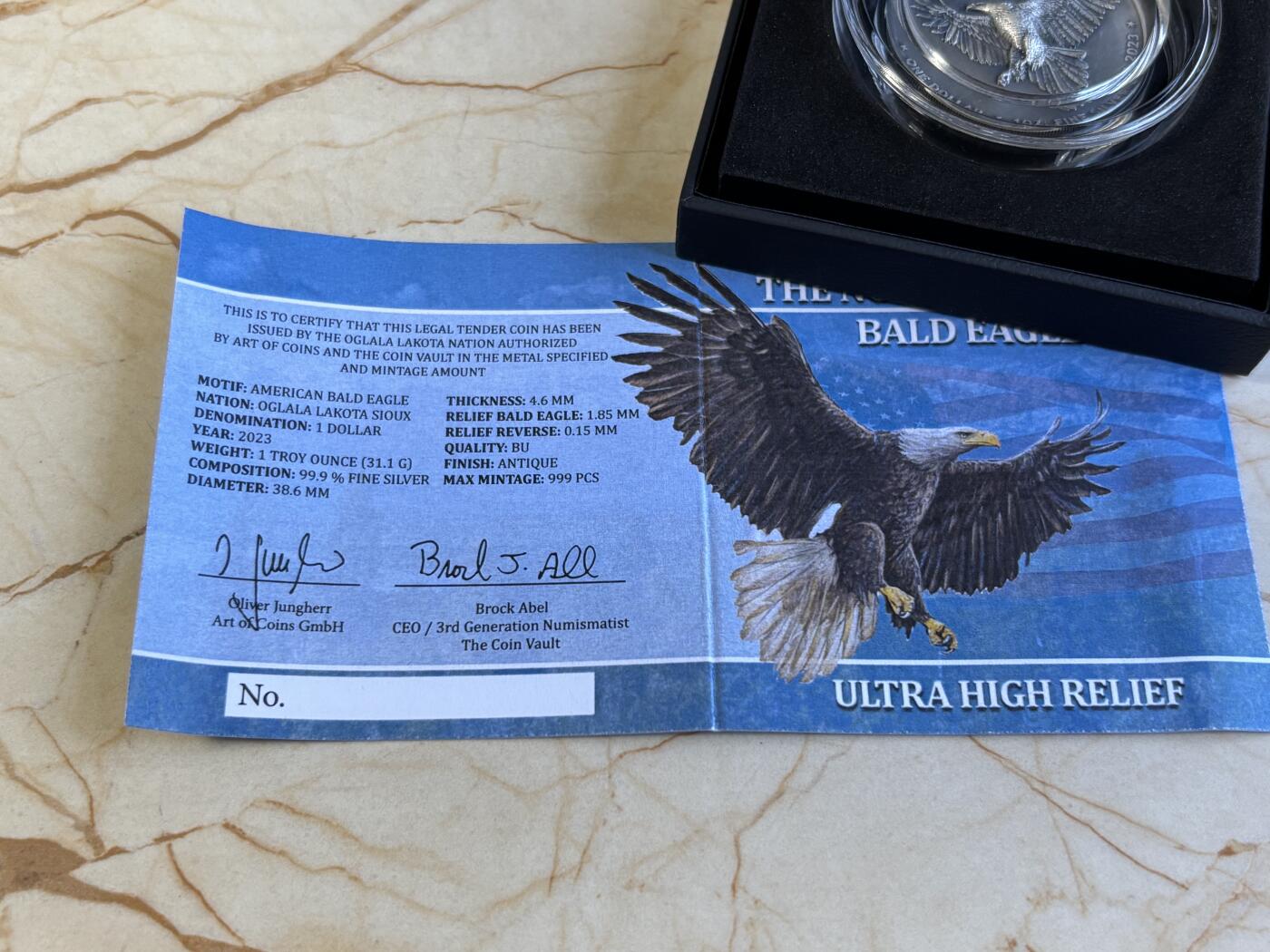 第195期拍卖 美国2023年本土精神系列白头鹰1盎司仿古纪念银币，999银，发行999枚