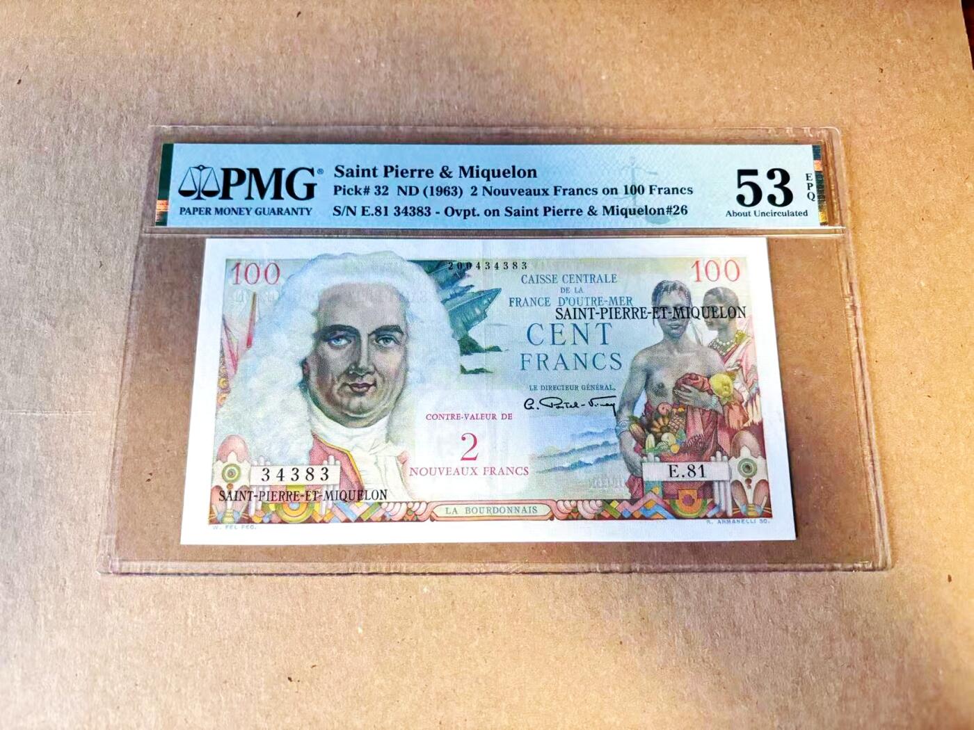 【Blue Auction】世界纸币精拍第799期——18级TOP拍卖/信誉/品质/专业/高效💫 圣皮埃尔和密克隆 1963年2新法郎 裸女 色彩艳丽 PMG53EPQ 近新原票 