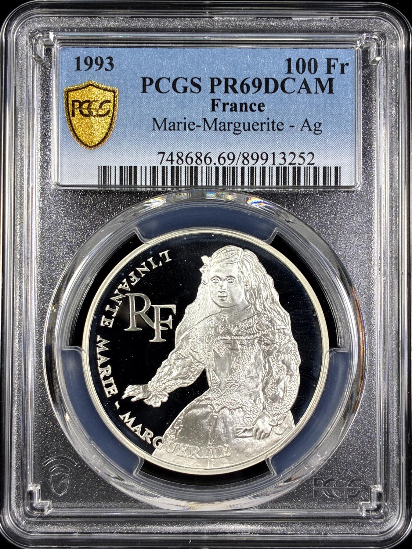 【雨安】【直播拍卖】【第0130期-评级币章】2026-03-28 周六 19:30 (金价981.33, 银价17.11) [评级现代] France 法国 100法郎 1993年 玛丽-玛格丽特 PCGS-PR69DCAM 精制币