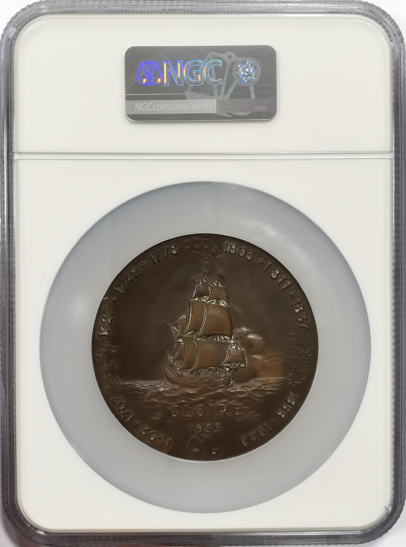 博洋堂“芳菲春韵”3月精品大拍专场暨第166期（全场包邮） NGC MS62BN 法国1935年“光荣号”战舰纪念大铜章，是法国第一艘装甲战列舰，