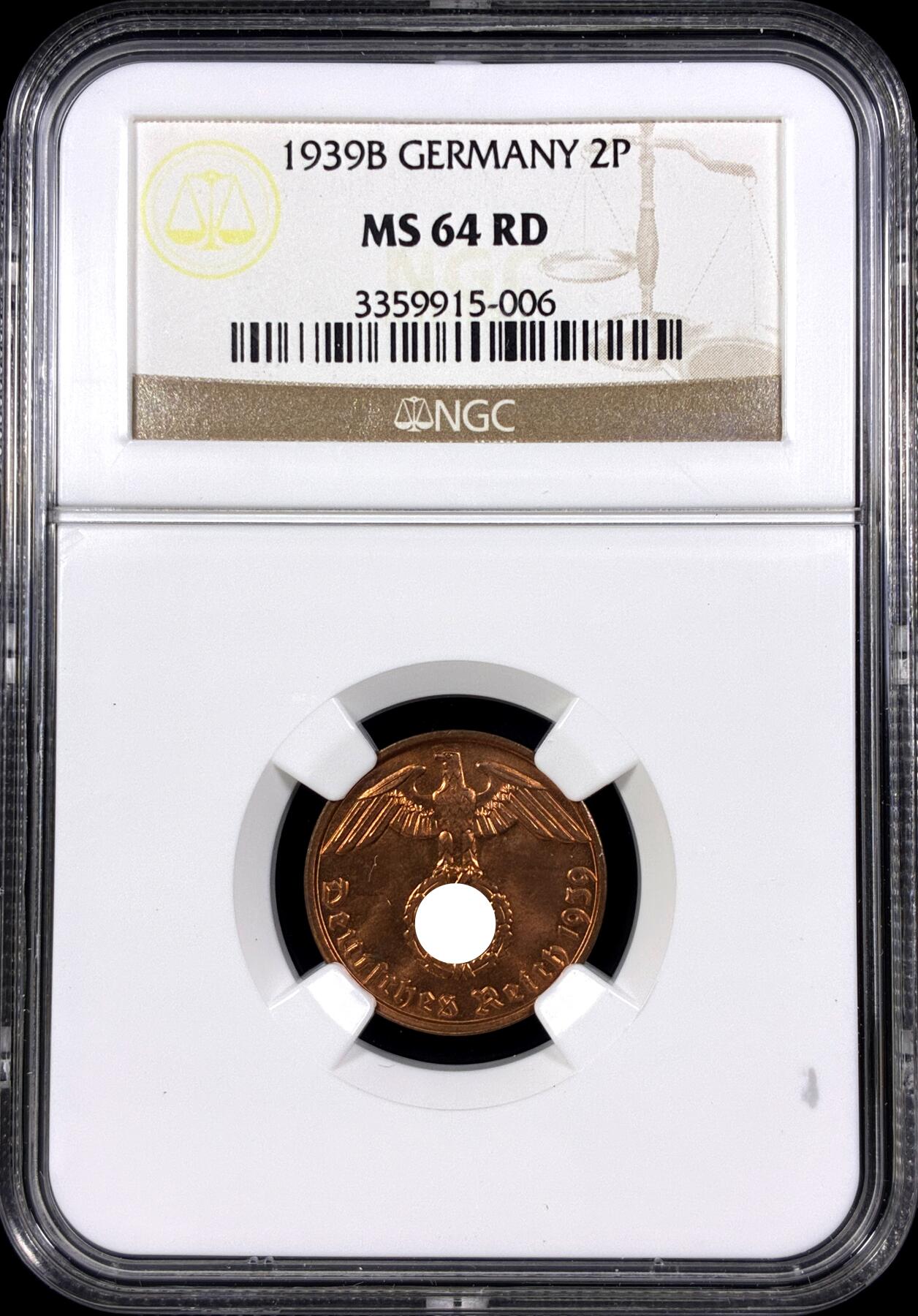 【雨安】【直播拍卖】【第0130期-评级币章】2026-03-28 周六 19:30 (金价981.33, 银价17.11) [评级德国] Germany 德国 第三帝国 2芬尼 1939年  NGC-MS64