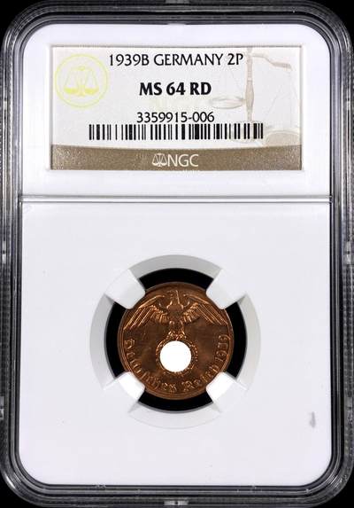 【雨安】【直播拍卖】【第0130期-评级币章】2026-03-28 周六 19:30 (金价981.33, 银价17.11) - [评级德国] Germany 德国 第三帝国 2芬尼 1939年  NGC-MS64