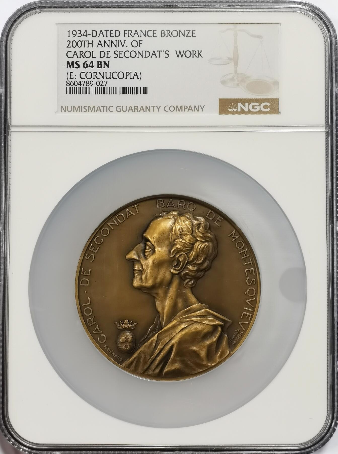 博洋堂“芳菲春韵”3月精品大拍专场暨第166期（全场包邮） NGC MS64BN 法国1934年纪念孟德斯鸠《罗马盛衰论》发表200周年纪念大铜章