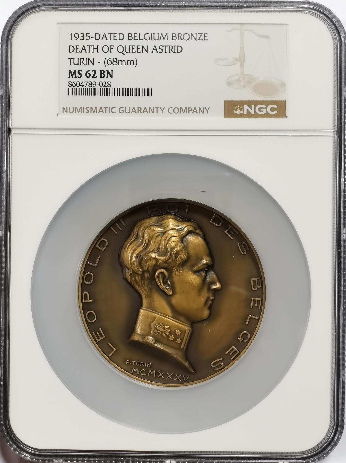 博洋堂“芳菲春韵”3月精品大拍专场暨第166期（全场包邮） NGC MS62BN 比利时1935年王后阿斯特丽德逝世纪念大铜章，她是比利时国王利奥波德三世的妻子，于1934年12月29日在瑞士的一次车祸中不幸去世，年仅29岁