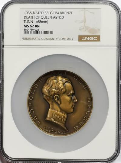 博洋堂“芳菲春韵”3月精品大拍专场暨第166期（全场包邮） - NGC MS62BN 比利时1935年王后阿斯特丽德逝世纪念大铜章，她是比利时国王利奥波德三世的妻子，于1934年12月29日在瑞士的一次车祸中不幸去世，年仅29岁
