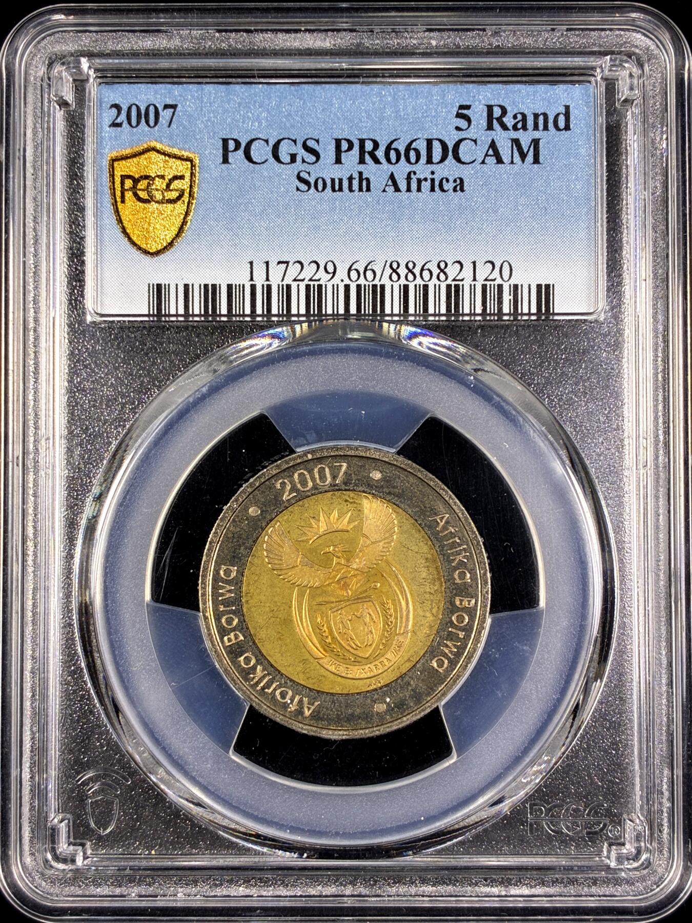 【雨安】【直播拍卖】【第0130期-评级币章】2026-03-28 周六 19:30 (金价981.33, 银价17.11) [评级现代] South Africa 南非 5兰特 2007年 PCGS-PR66DCAM 精制币