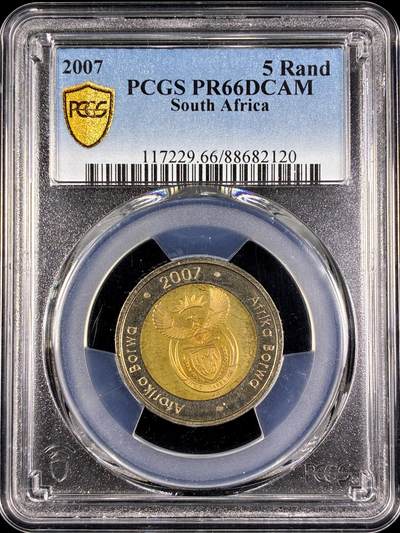 【雨安】【直播拍卖】【第0130期-评级币章】2026-03-28 周六 19:30 (金价981.33, 银价17.11) - [评级现代] South Africa 南非 5兰特 2007年 PCGS-PR66DCAM 精制币