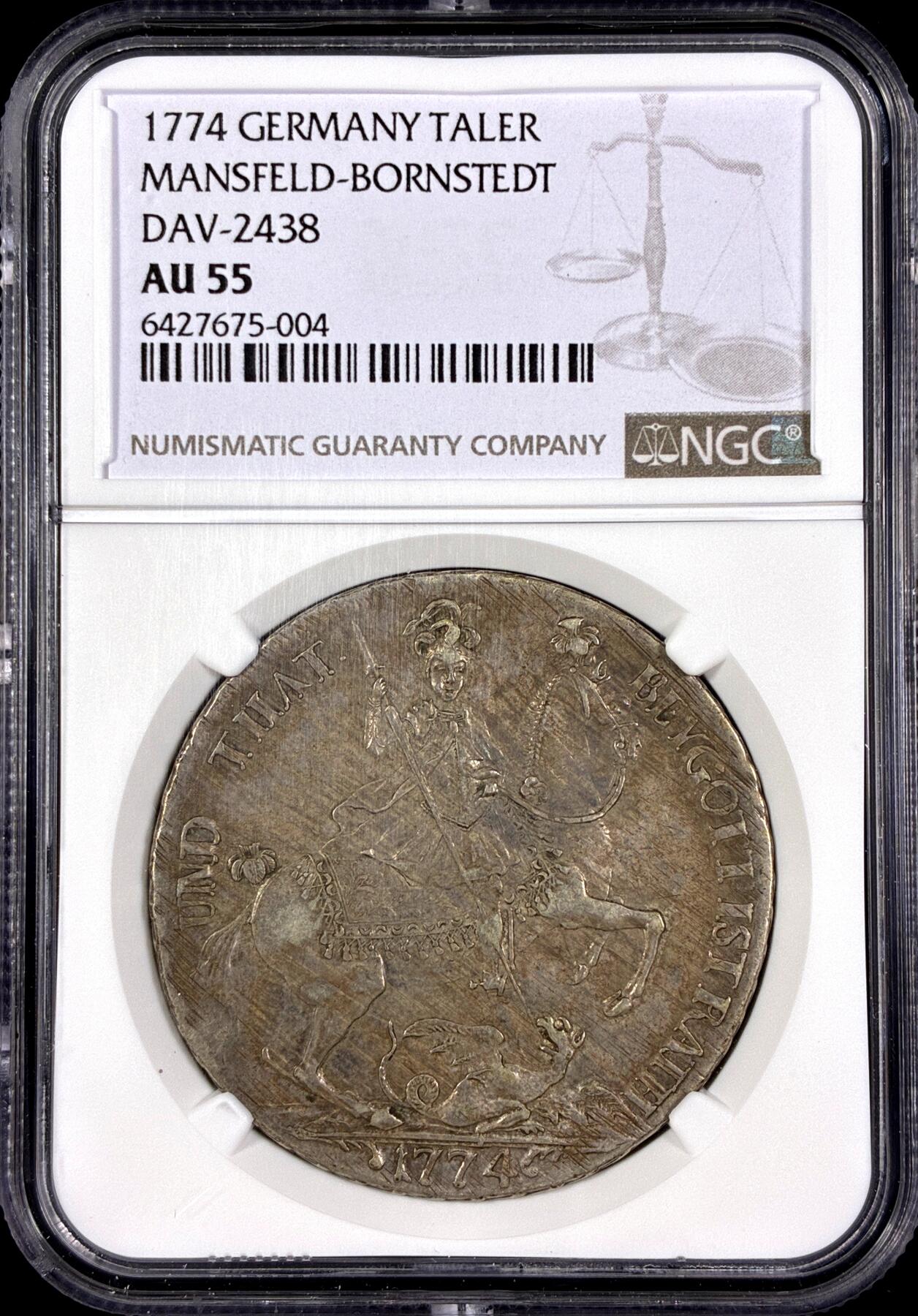 【雨安】【直播拍卖】【第0130期-评级币章】2026-03-28 周六 19:30 (金价981.33, 银价17.11) [评级德国] Germany 德国 德意志 1泰勒 Mansfeld-Bornstedt曼斯费尔德-波茨坦 KM#0151 DAV-2438 1774年 屠龙  NGC-AU55 名誉品种