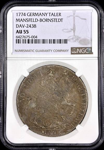 【雨安】【直播拍卖】【第0130期-评级币章】2026-03-28 周六 19:30 (金价981.33, 银价17.11) - [评级德国] Germany 德国 德意志 1泰勒 Mansfeld-Bornstedt曼斯费尔德-波茨坦 KM#0151 DAV-2438 1774年 屠龙  NGC-AU55 名誉品种