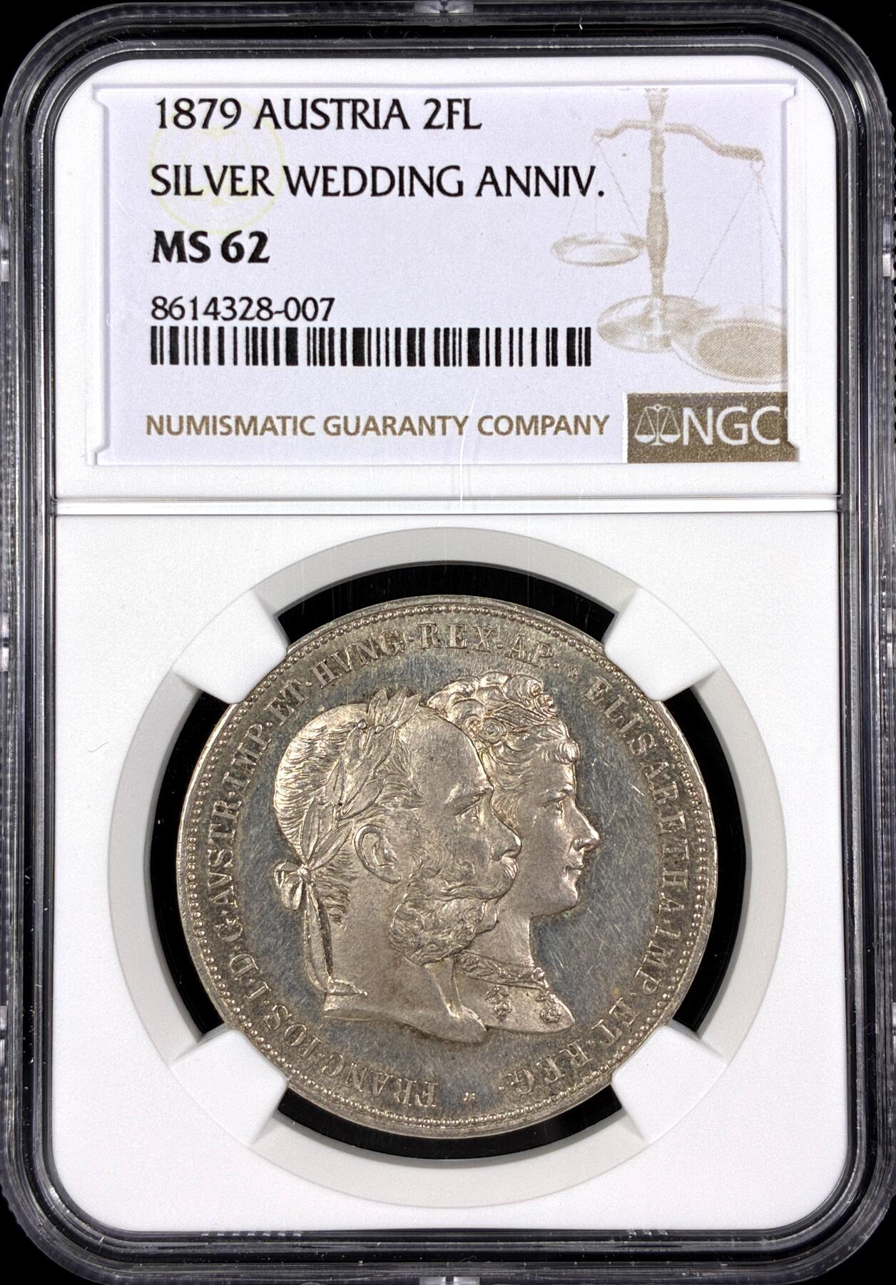 【雨安】【直播拍卖】【第0130期-评级币章】2026-03-28 周六 19:30 (金价981.33, 银价17.11) [评级欧洲] Austria 奥地利 2弗洛林 1879年 茜茜公主婚礼  NGC-MS62