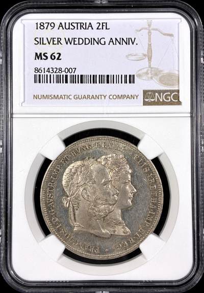 【雨安】【直播拍卖】【第0130期-评级币章】2026-03-28 周六 19:30 (金价981.33, 银价17.11) - [评级欧洲] Austria 奥地利 2弗洛林 1879年 茜茜公主婚礼  NGC-MS62