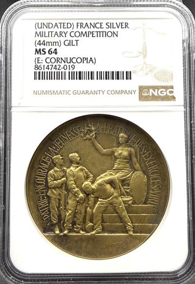 「木头集藏」“春启藏心”——章牌精品专场 -  A.Rivet～法国军事体育竞赛镀金银奖章，直径：44 mm，正面法语：为了祖国，鼓励青年践行男子气概的体育锻炼，背面刻画各类武器与体育器材，少见版本，品相很不错！