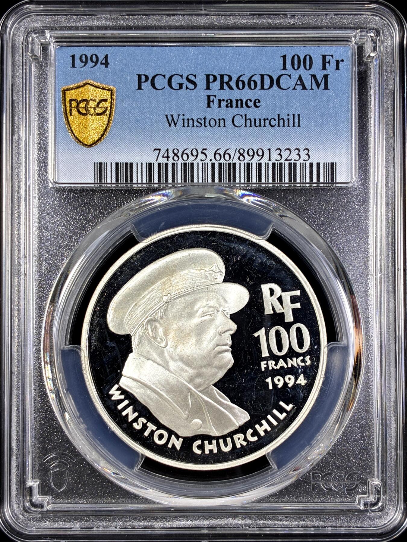 【雨安】【直播拍卖】【第0130期-评级币章】2026-03-28 周六 19:30 (金价981.33, 银价17.11) [评级现代] France 法国 100法郎 1994年 丘吉尔 PCGS-PR66DCAM 精制币